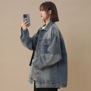春季新款美式高街破洞牛仔外套女夹克复古水洗潮流宽松上衣JK52