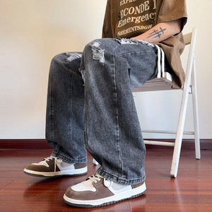 秋季ins美式高街破洞牛仔裤男潮流宽松直筒阔腿裤长裤 KZ30 特P45图片