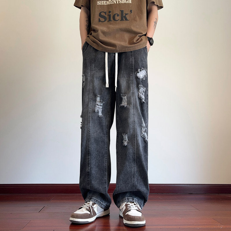 夏季新款美式高街破洞牛仔裤男潮流宽松直筒长裤子KZ30特P45,男装牛仔裤,电商B203-1