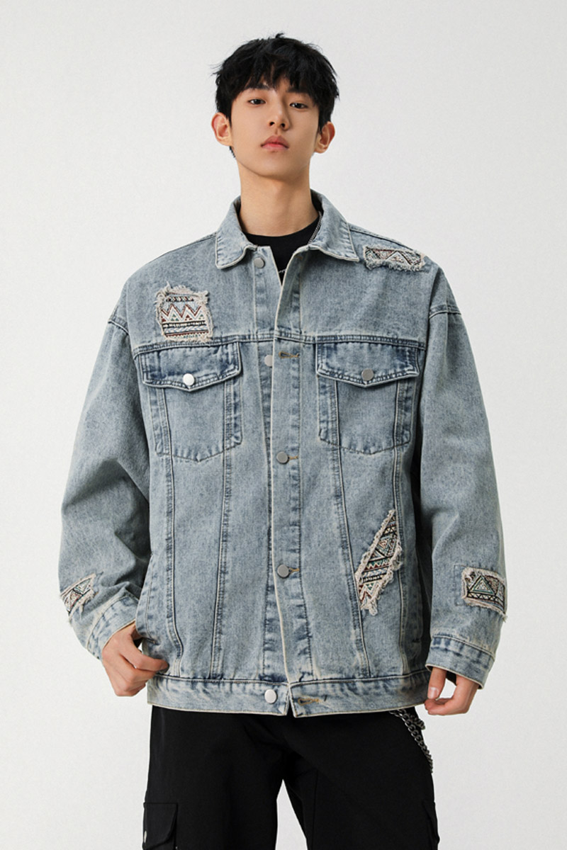 春秋季新款美式高街破洞牛仔外套男夹克潮牌宽松痞帅风JK60P95,男装工装外套,电商B203-1