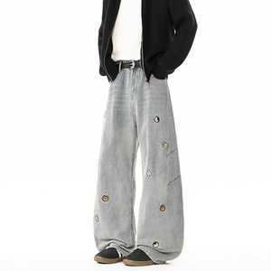 春季新款美式卡通动物刺绣牛仔裤男潮流宽松直筒弯刀长裤101H P58，男装牛仔裤，电商B203-1