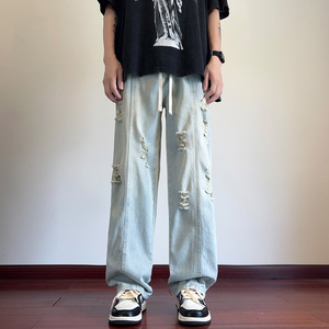夏季新款美式高街破洞牛仔裤男潮流宽松直筒长裤子 KZ30 特P45图片