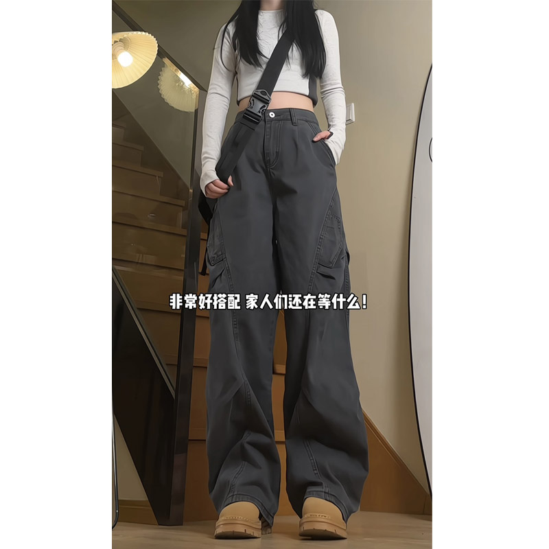 春季新款美式高街复古褶皱工装裤女宽松直筒休闲长裤 D239 特 P48图片