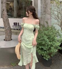 Real shot real price long Chiffon floral dress with bubble sleeves and thin waist