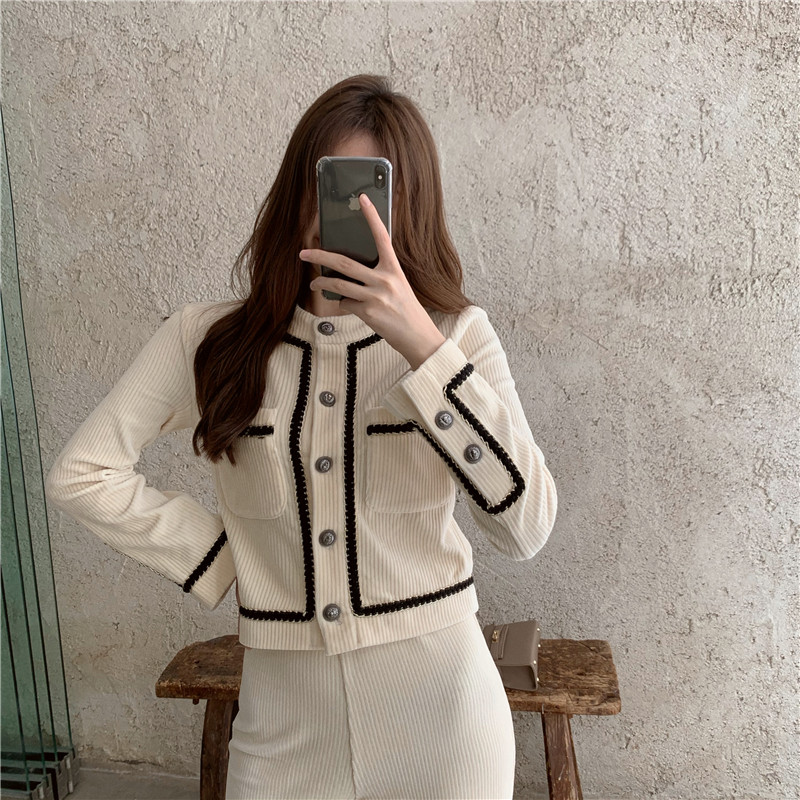 Real price small fragrance style retro corduroy temperament small coat women's High Waist Wide Leg Pants Set
