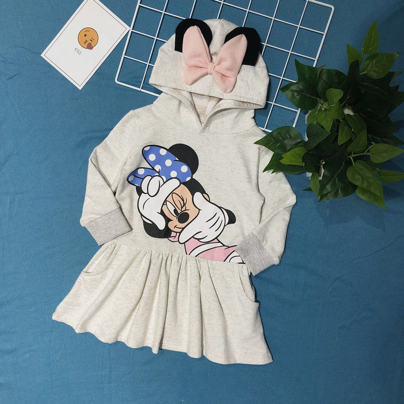 新款春秋儿童纯棉毛圈连帽连衣裙女童卡通公主裙米妮可爱长袖秋装