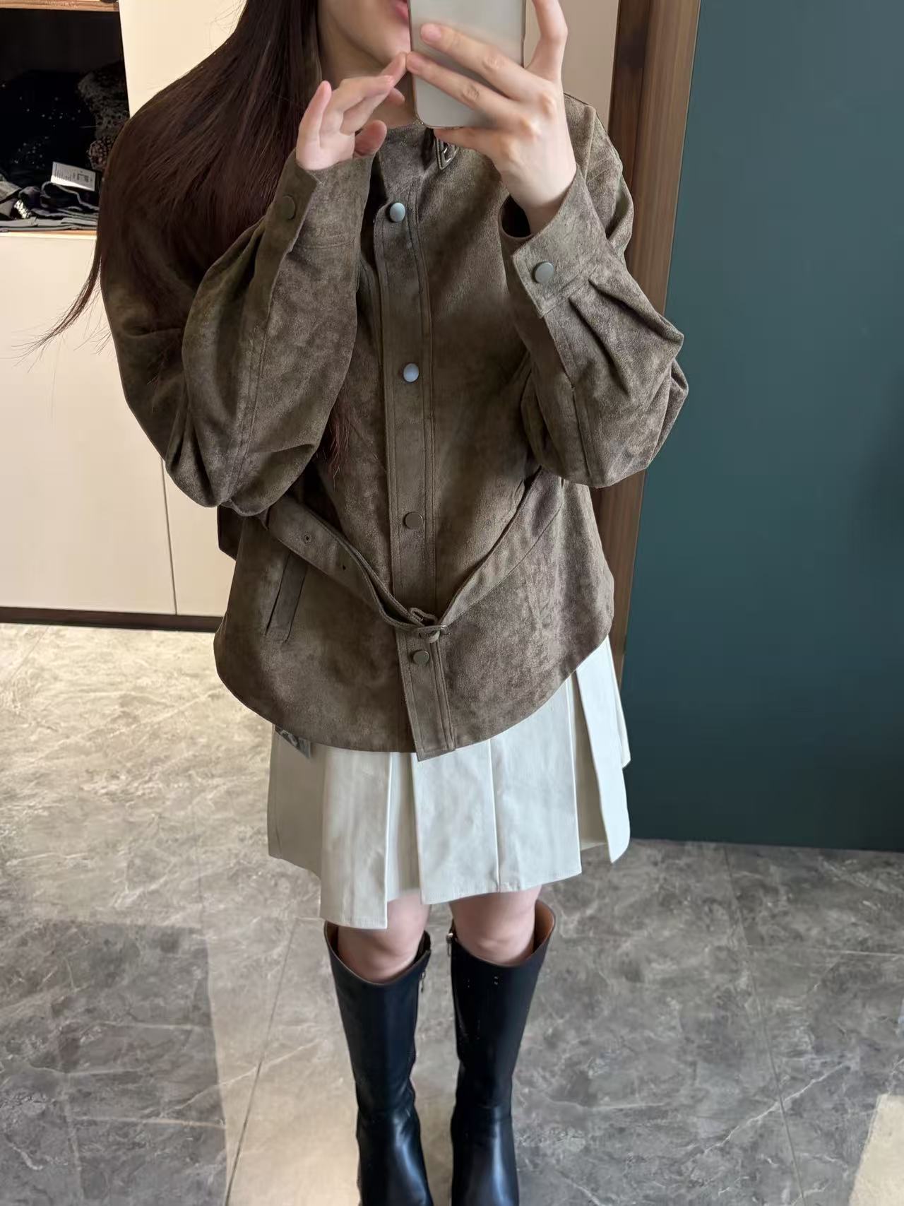 273耶喽 鹿皮绒立领风衣中长短外套