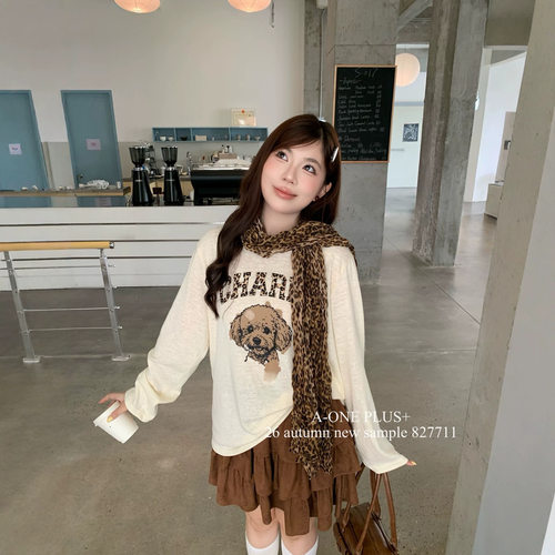 大码胖mm女装秋季新款复古印花减龄宽松显瘦圆领大码t恤+豹纹丝巾