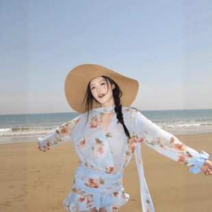 蓝色飘带印花小众v领长袖衬衫连衣裙度假风优雅气质小众26年新款