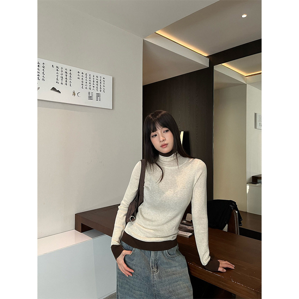 YY高智感穿搭高领针织打底衫女修身撞色袖口下摆内搭毛衣C6181