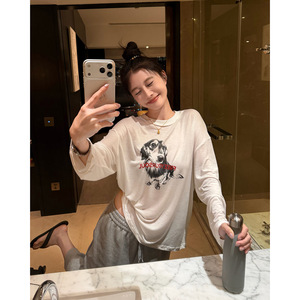 BSW现货松弛感腊肠狗印花白色长袖T恤夏季薄款防晒罩衫休闲上衣