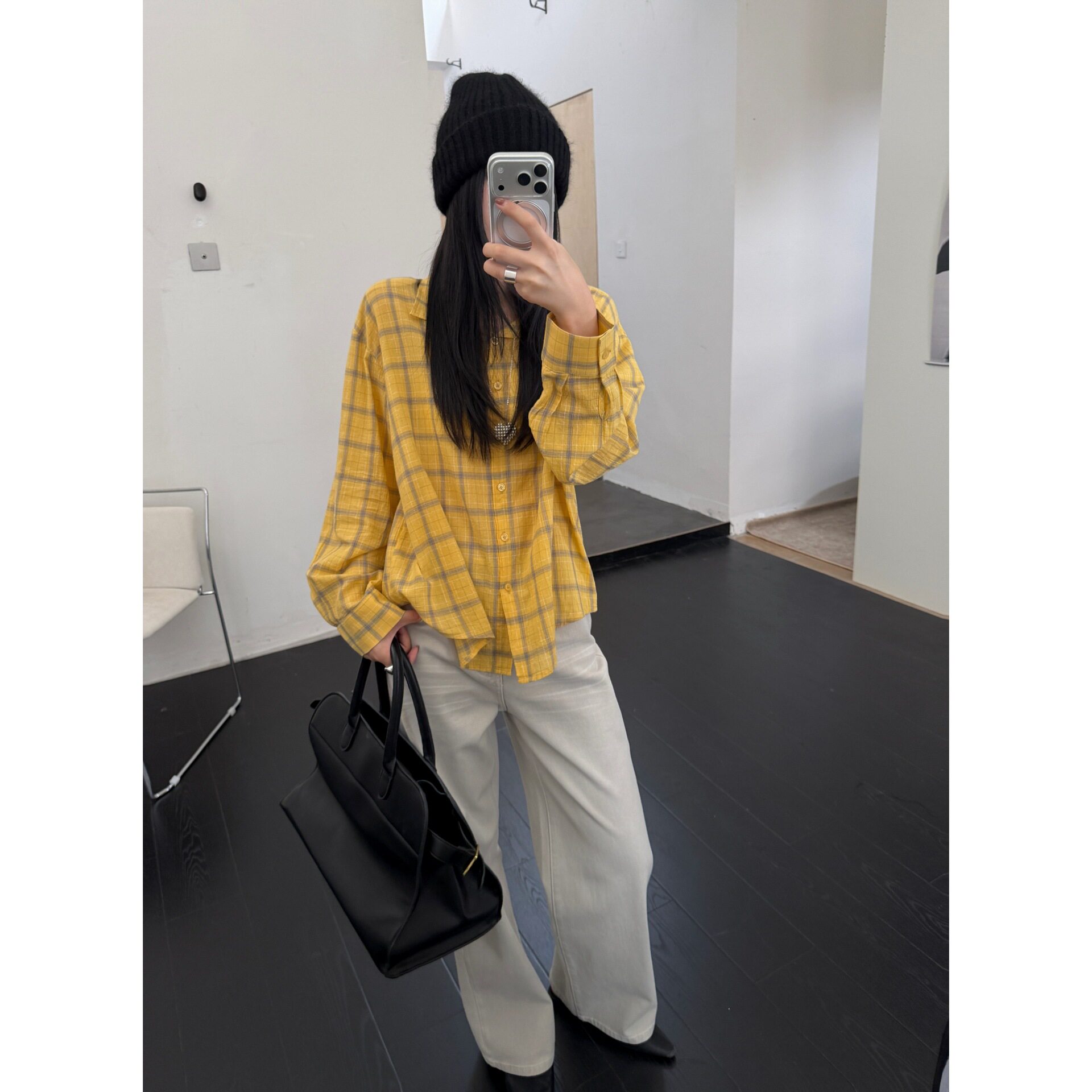 GAGD黄色格子衬衫女独特漂亮秋新款小衫内搭叠穿衬衣防晒长袖上衣