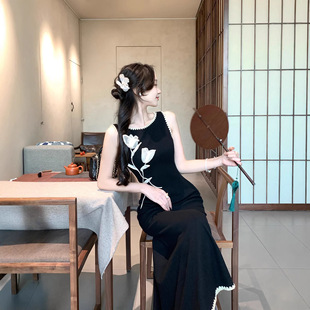 9002跨境新中式国风黑色无袖旗袍连衣裙立体花朵显瘦修身鱼尾长裙