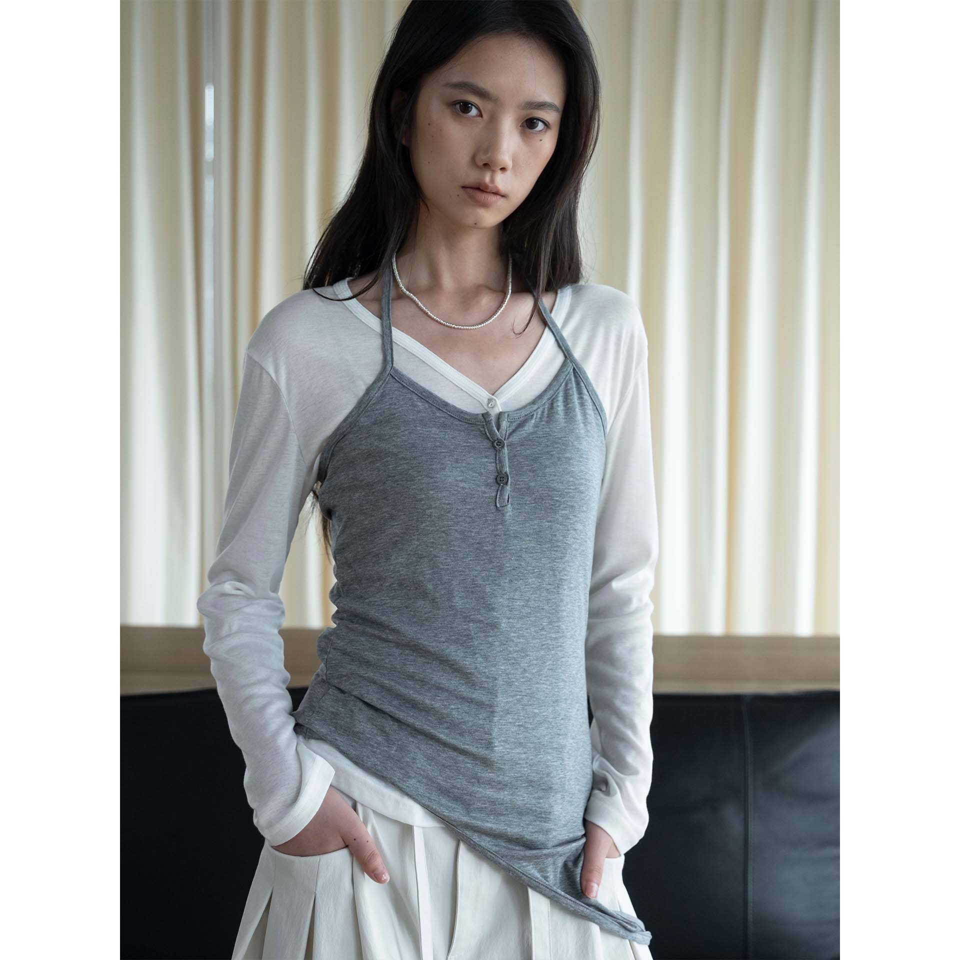XM现货夏季新款韩系及简设计亨利细条绑带挂脖天丝吊带连接上衣女