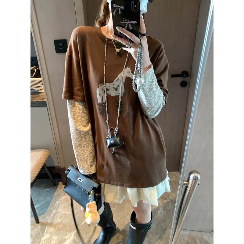 美式腔调 小马印花假两件豹纹拼接设计感T恤打底衫 MQ1857