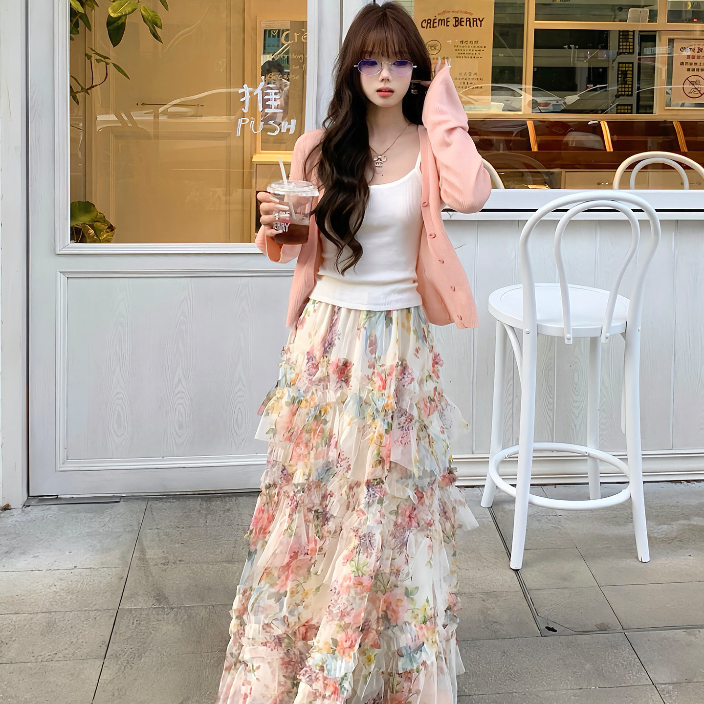 已到货  粉色针织开衫吊带女长袖毛衣吊带背心蛋糕半身裙两件套装