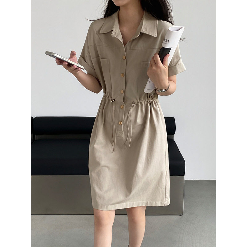 JZ高级卡其色工装连衣裙女夏新款韩系休闲收腰显瘦衬衫裙 6583