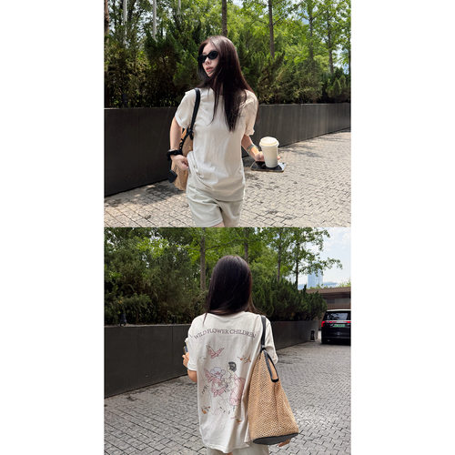 BSW现货卡通蝴蝶印花白色短袖T恤女夏季新款宽松显瘦圆领上衣