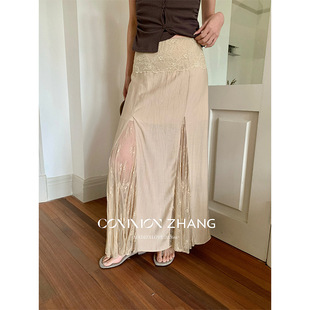 CZZHANG高级感复古蕾丝花边拼接半身裙女夏季a字中长裙C22265