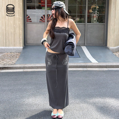 「 7.11 夏季新品 」MMFISH 蕾丝吊带辣妹包臀烫钻半裙套装26L508