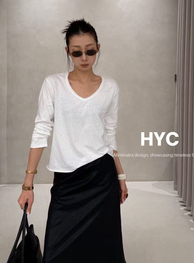HYC十三行2026秋季新款简约百搭风长袖V领上衣显瘦休闲T恤女21001