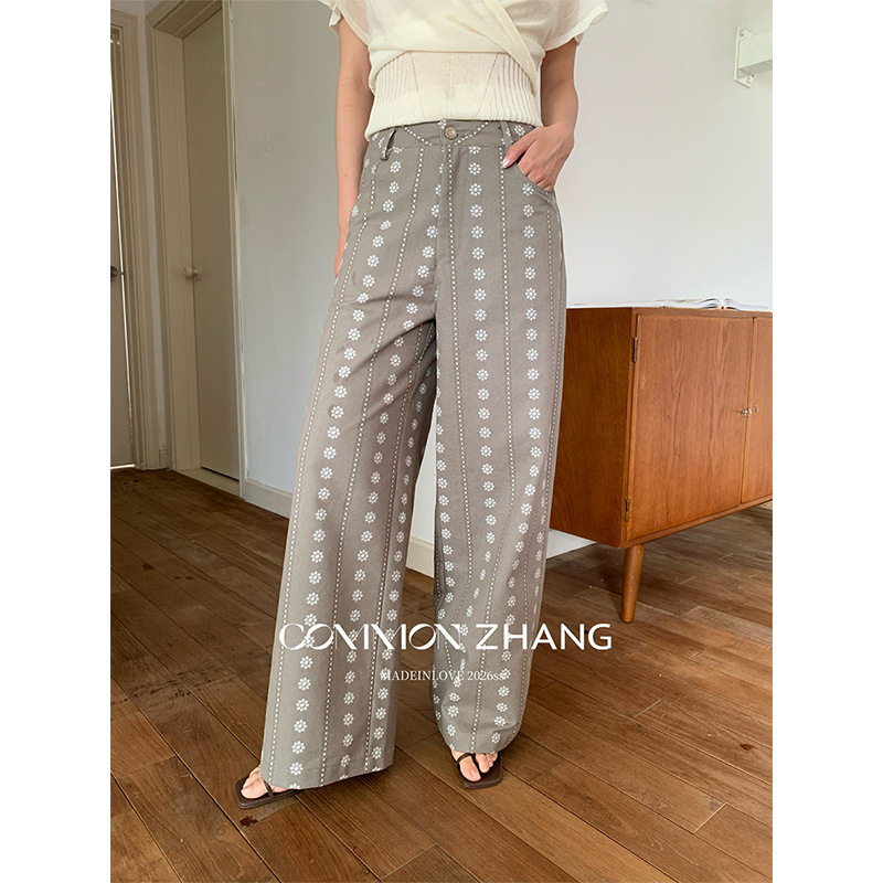 CZ ZHANG夏宽松直筒阔腿裤女绣花休闲显瘦拖地裤复古高腰C21071