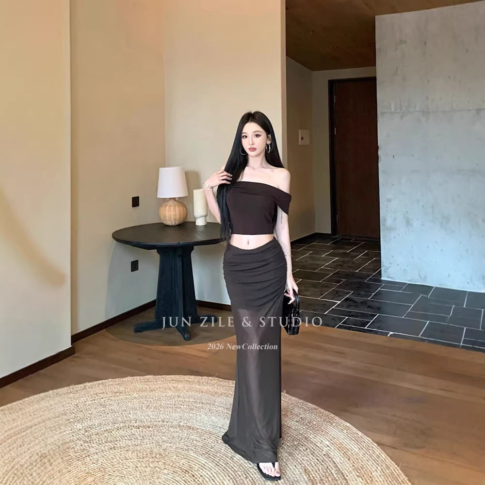 裙子套装两件套一字肩露肩短款上衣褶皱显瘦网纱拼接半身长裙女装