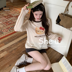 SHE U十三行美式复古风凯蒂猫印花撞色上衣2026夏季百搭宽松长袖T