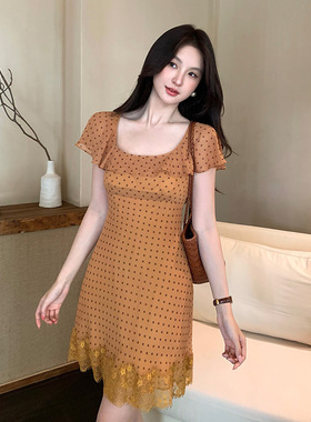 秀熙熙十三行2026夏法式气质荷叶边蕾丝连衣裙高腰短裙女88698