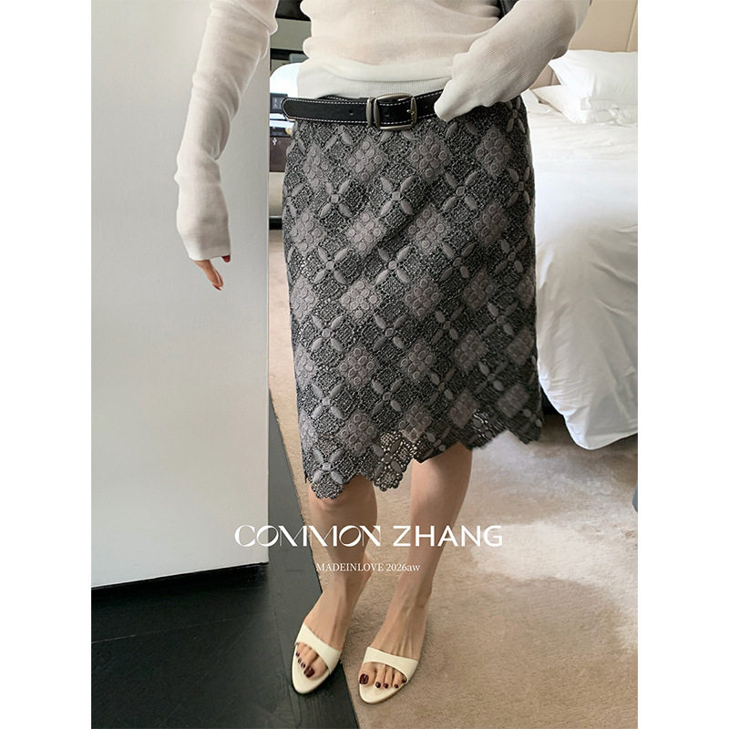 BJ CZZHANG复古格子刺绣蕾丝花边半身裙女秋季包臀短裙子C32227