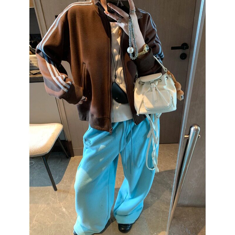 时髦随性 韩系运动风立领休闲百搭撞色条纹薄绒外套 MQ2247