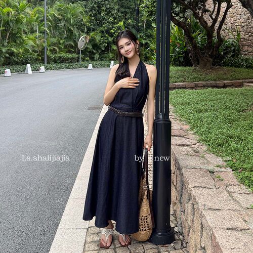 LS 复古优雅时尚挂脖牛仔连衣裙广州十三行2026夏季新款裙子23368