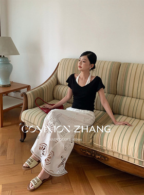 CZ ZHANG夏休闲御姐风设计感挂脖撞色假两件短袖T恤显瘦上衣C1319
