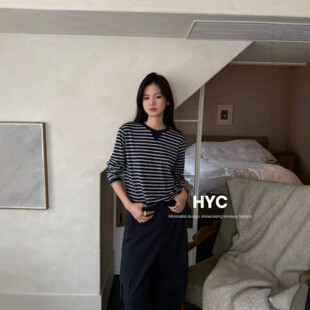 HYC十三行2026秋季新款宽松休闲百搭上衣圆领条纹长袖T恤女20861
