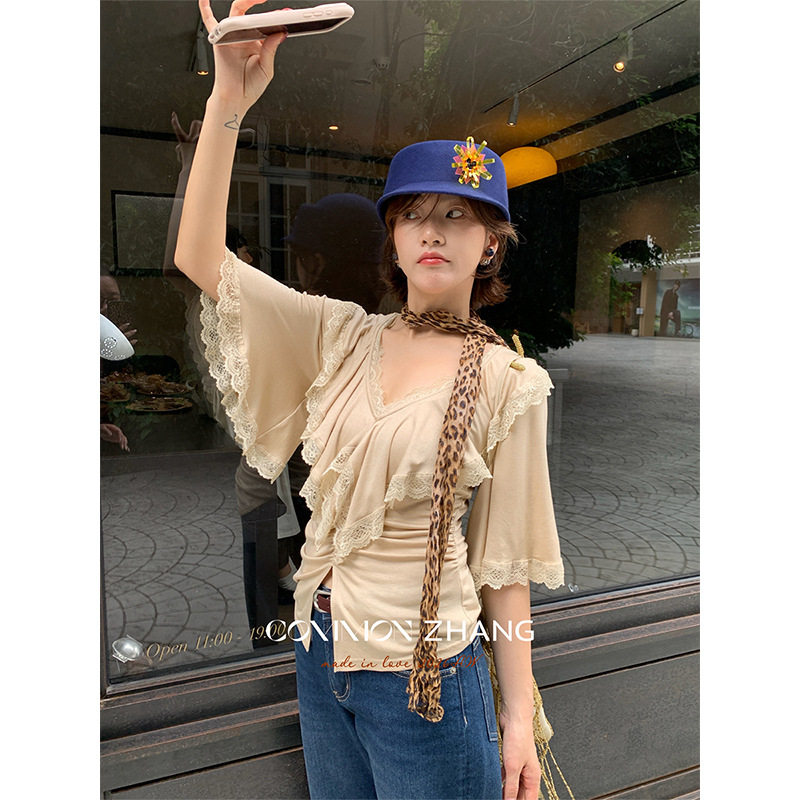 攸吉 CZZHANG法式复古蕾丝荷叶边莱赛尔小衫女秋季褶皱上衣C30590