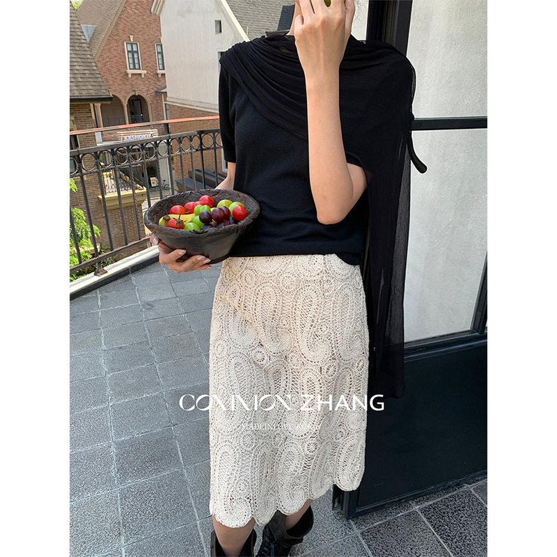 CZZHANG法式复古高级感蕾丝镂空半身裙女a字开叉包臀裙C32596