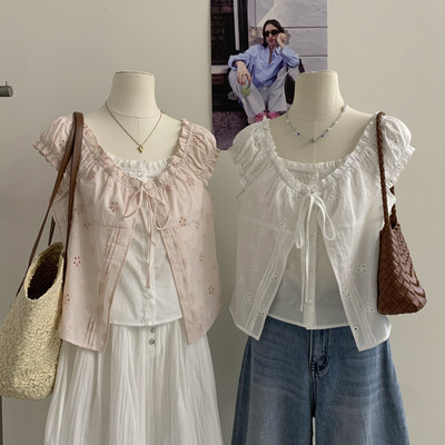 SS 2026春夏季新款甜美木耳边刺绣假两件短袖衬衫别致上衣T025H