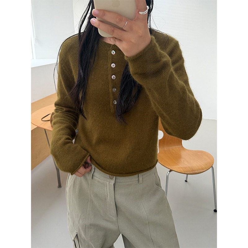 9.15上新 亨利领兔毛毛衣女秋冬半开扣设计宽松软糯针织上衣12305