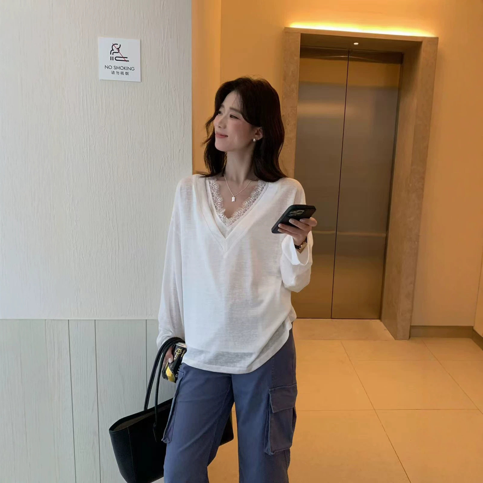 SUSAN 韩系睫毛蕾丝慵懒百搭假两件长袖T恤Chao推荐!