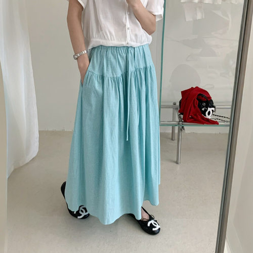 SS 2026夏季新款韩系甜美舒适复古格纹中长款半身长裙女D004H