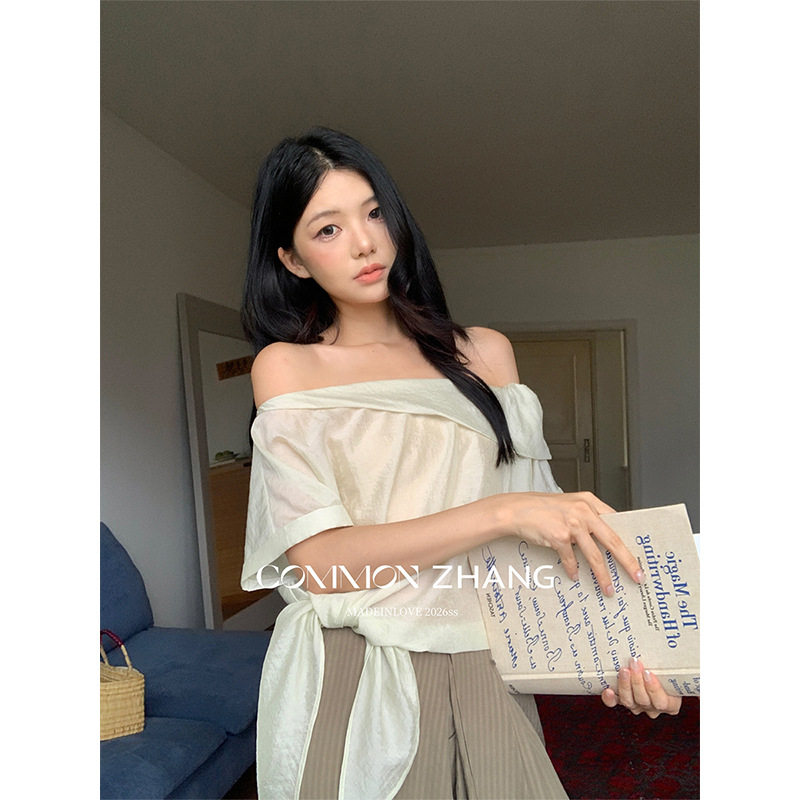 CZ ZHANG夏天丝设计感一字肩绑带衬衫女法式简约纯色小衫C23355