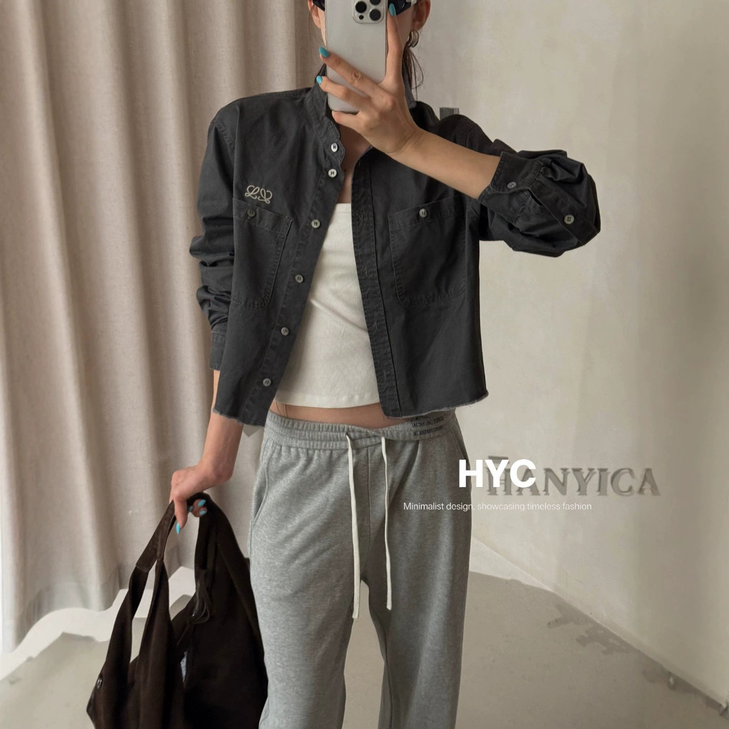 HYC十三行2026秋季新款短款工装衬衫毛边下摆刺绣休闲衬衣女20908