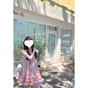 白水女 里斯本夏日 不规则荷叶边粉色吊带连衣裙女夏海边法式裙子