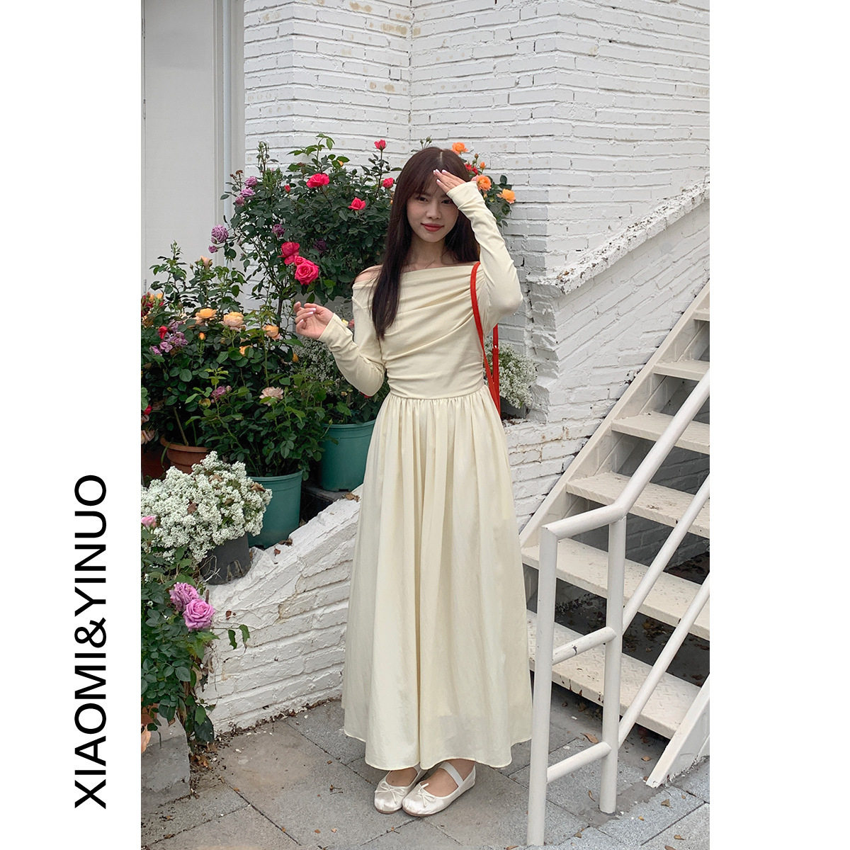 【OF】优美芭蕾舞风褶皱长袖一字领连衣裙2024春季新款长裙9721