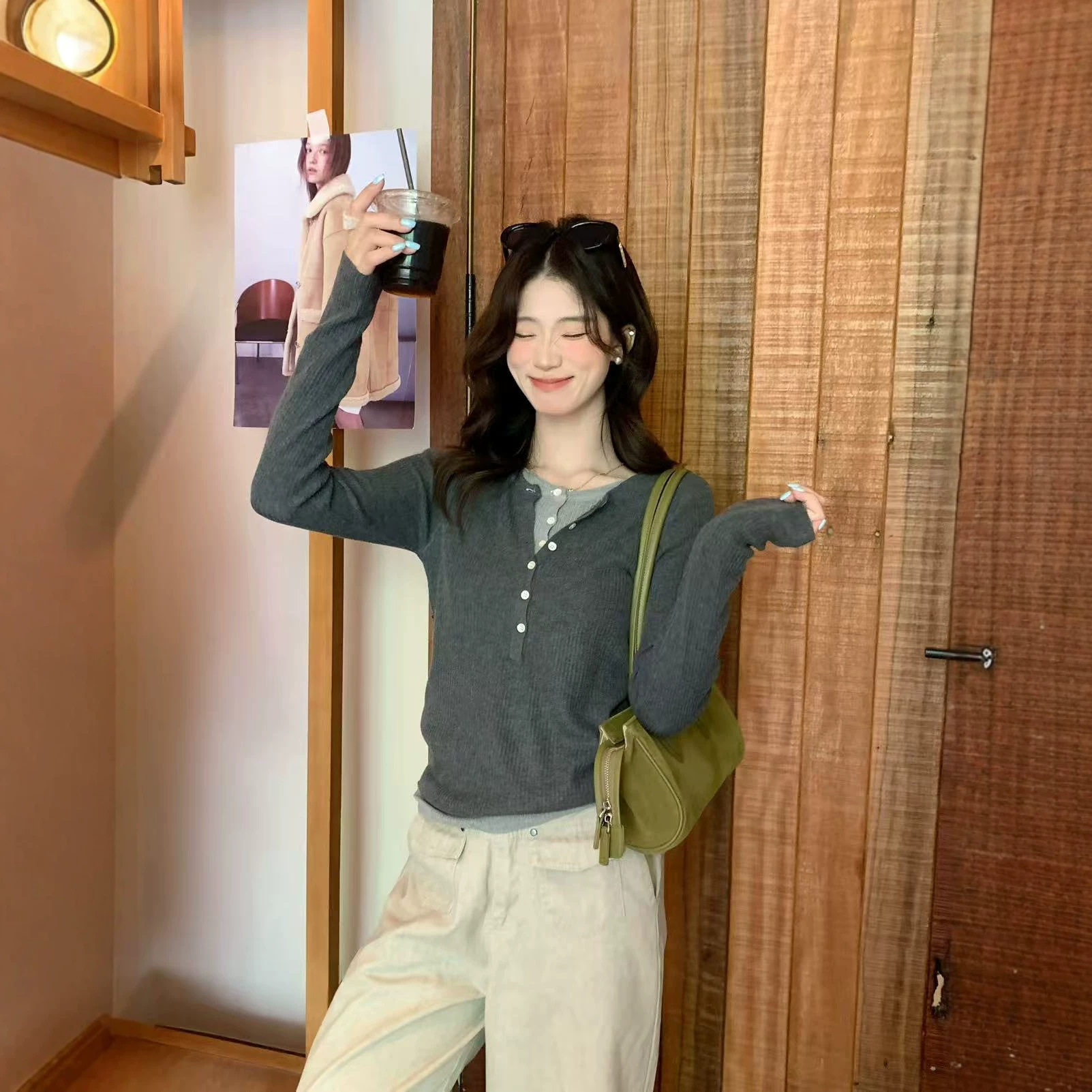 SS韩系半开扣亨利领假两件竖坑条撞色修身弹力针织衫 早秋温柔