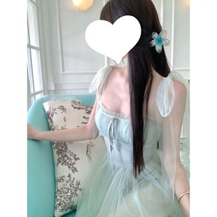 白水女 绿野仙踪 绿色网纱吊带连衣裙女夏海边度假氛围感气质长裙