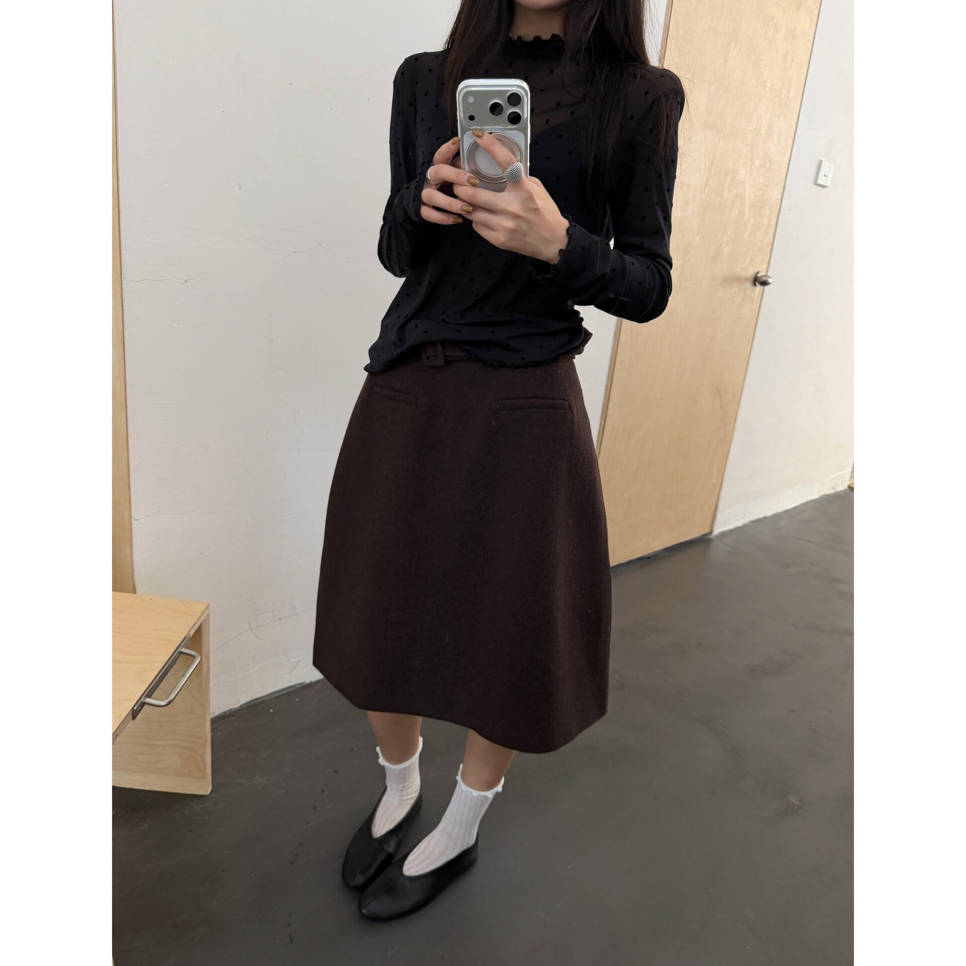 GAGD 羊毛毛呢直筒半身裙女秋冬复古中腰宽松百搭中长款裙子+腰带