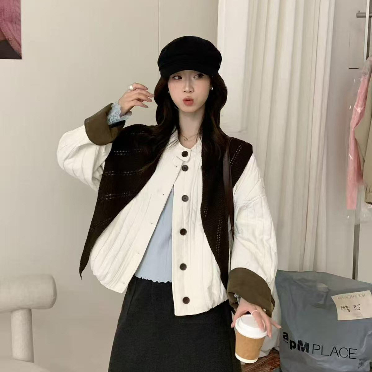 SUSAN “也太有韩味了”韩里韩气肌理竖条简约气质棉服短外套