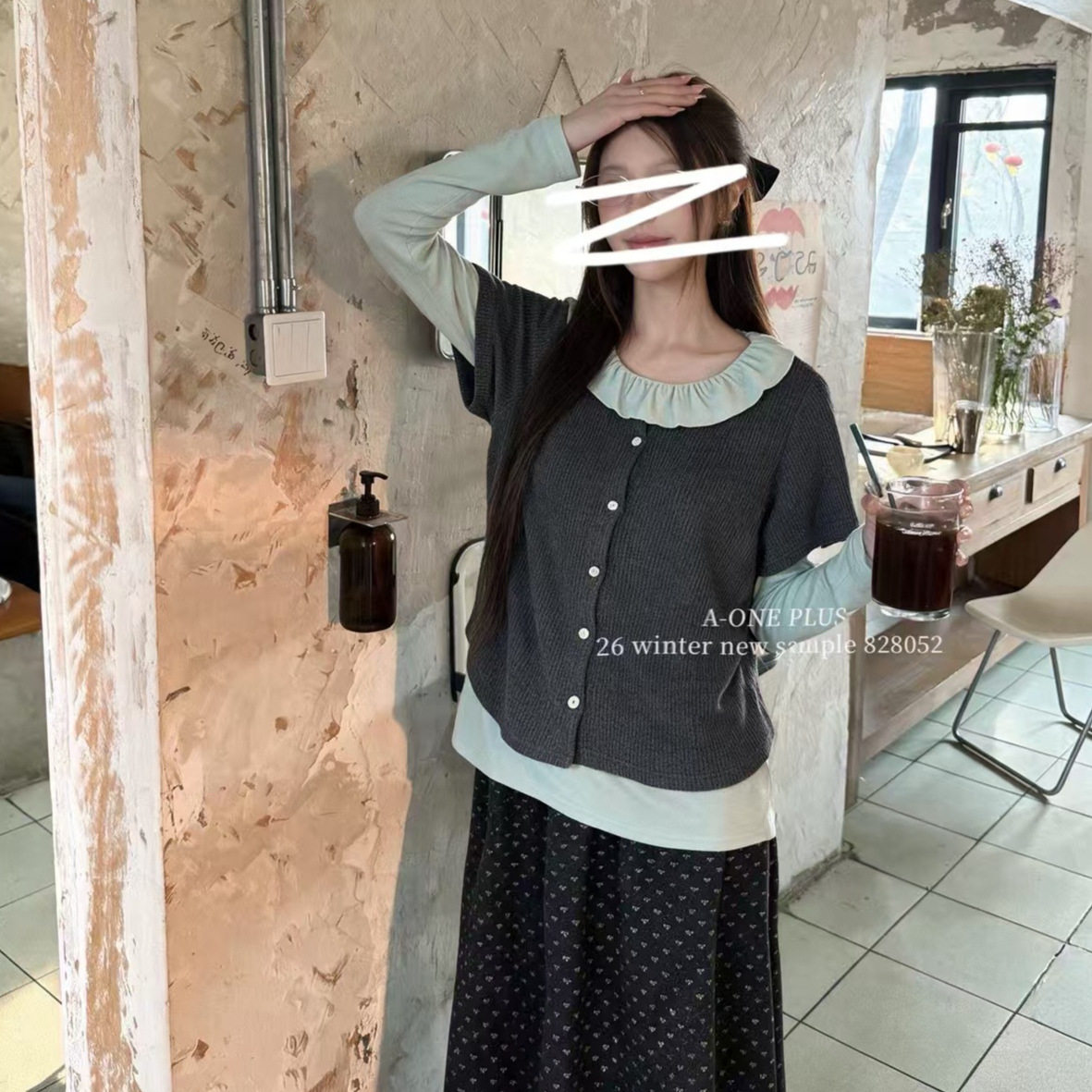 大码女装冬季新款荷叶边百搭打底+羊毛衫+碎花半身裙三件套套装