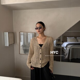 HYC十三行2026秋季新款气质镂空针织开衫女宽松V领长袖上衣20830